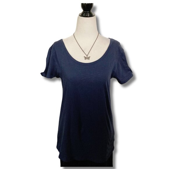 PHARAPHRASE Heathered dark blue peak-a-boo cutout sleeve t-shirt SMALL MEDIUM - Picture 3 of 15